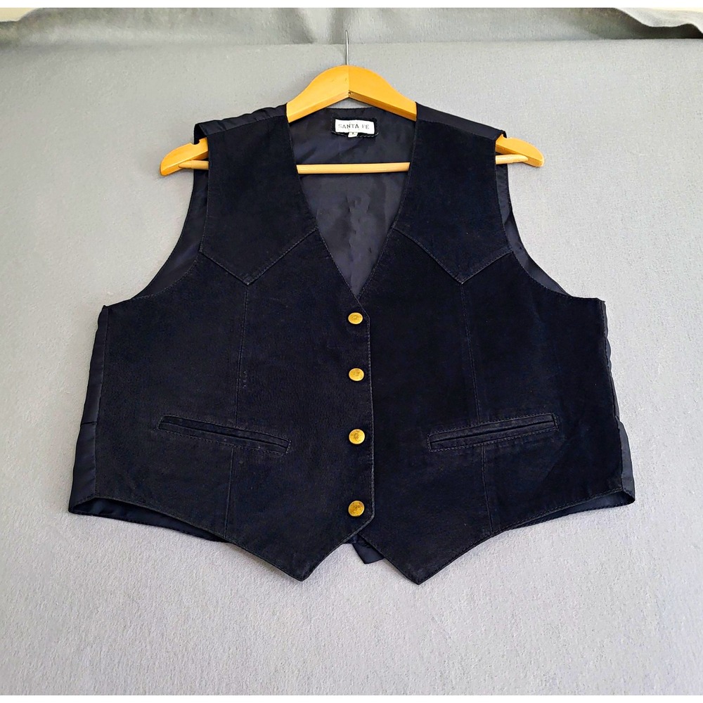 VTG Santa Fe Black Suede Genuine Leather Western Vest Button Front Men's Size L